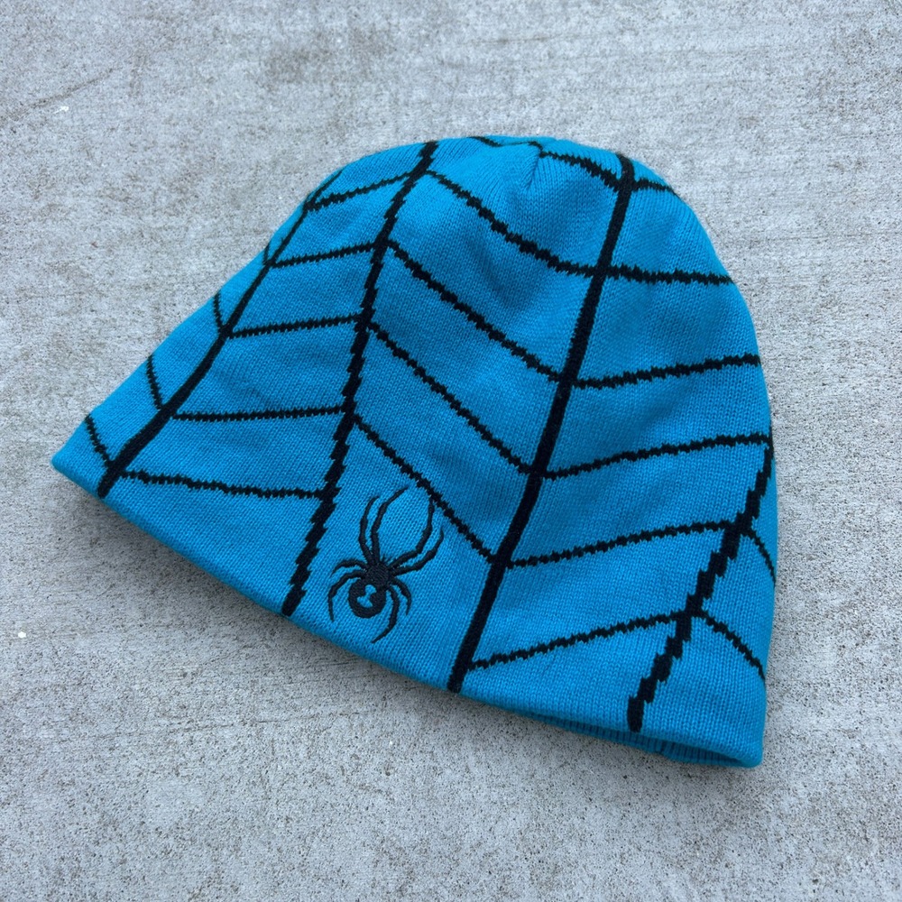 Spyder Beanie Blue Black Y2K Spider Web Streetwear Gorpcore Archive